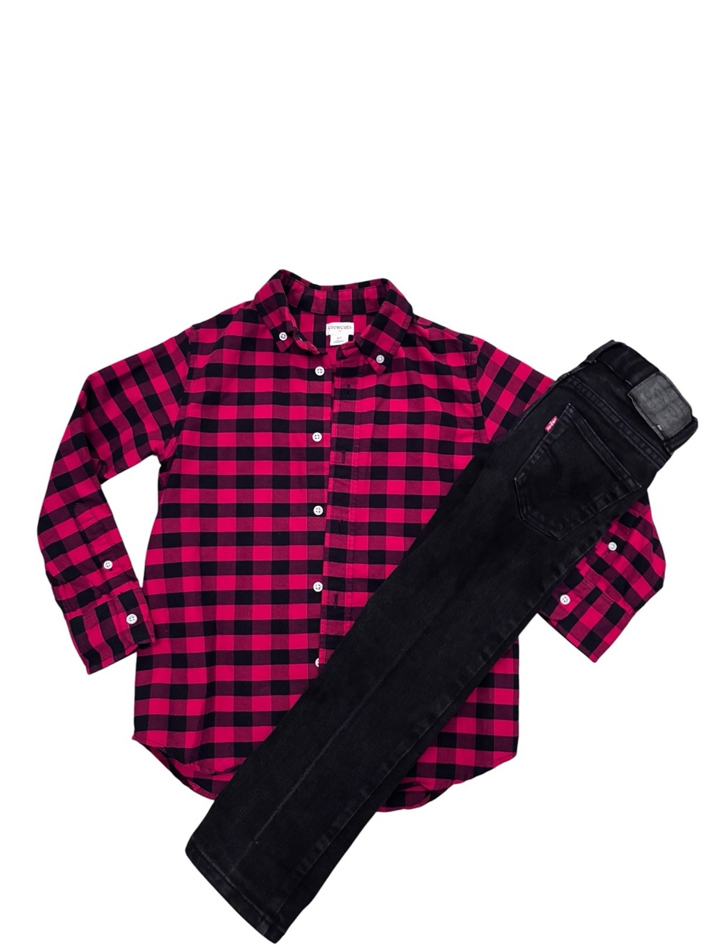 Crewcuts Red and Black‎ Plaid Button-Down w/ Black Levi Jeans Size Boys 6-7